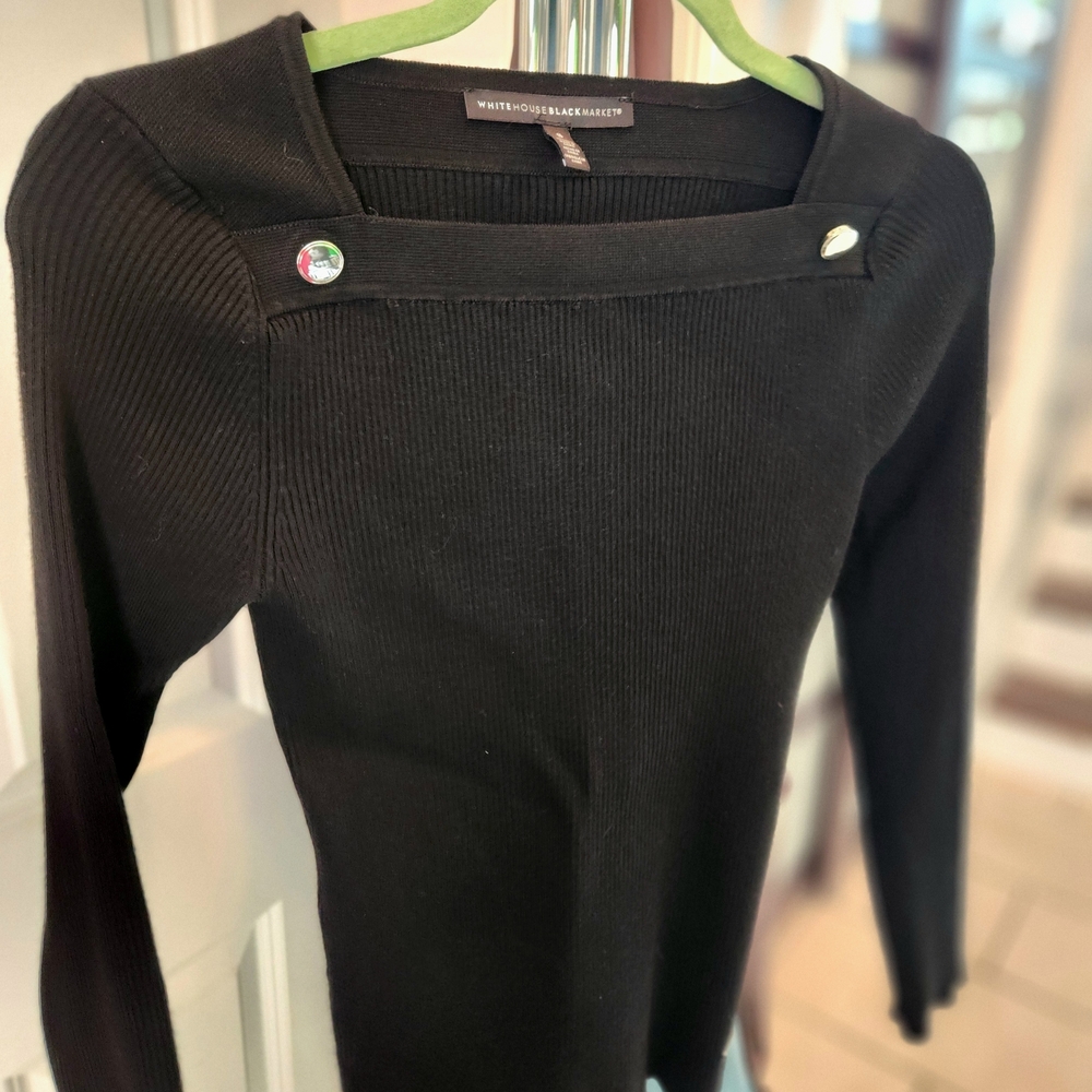 White House Black Market Black Ribbed Top with Silver Buttons